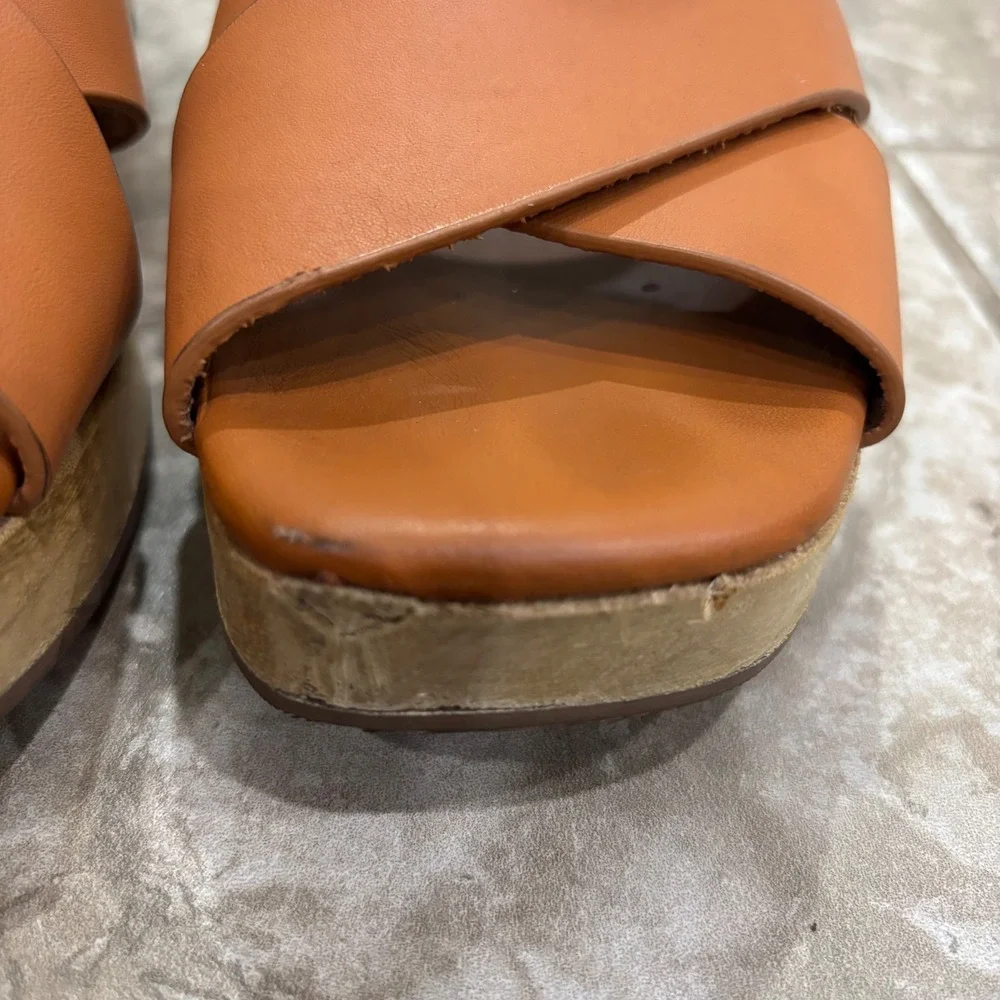 Everlane Leather Crossover Platform Sandal Brown Wood Wedge Ankle Strap sz 7.5 - Picture 3 of 11